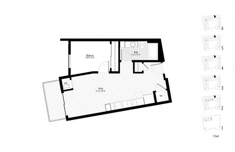 Floor plan for 1 bed, 1 bath, 606 sqft
